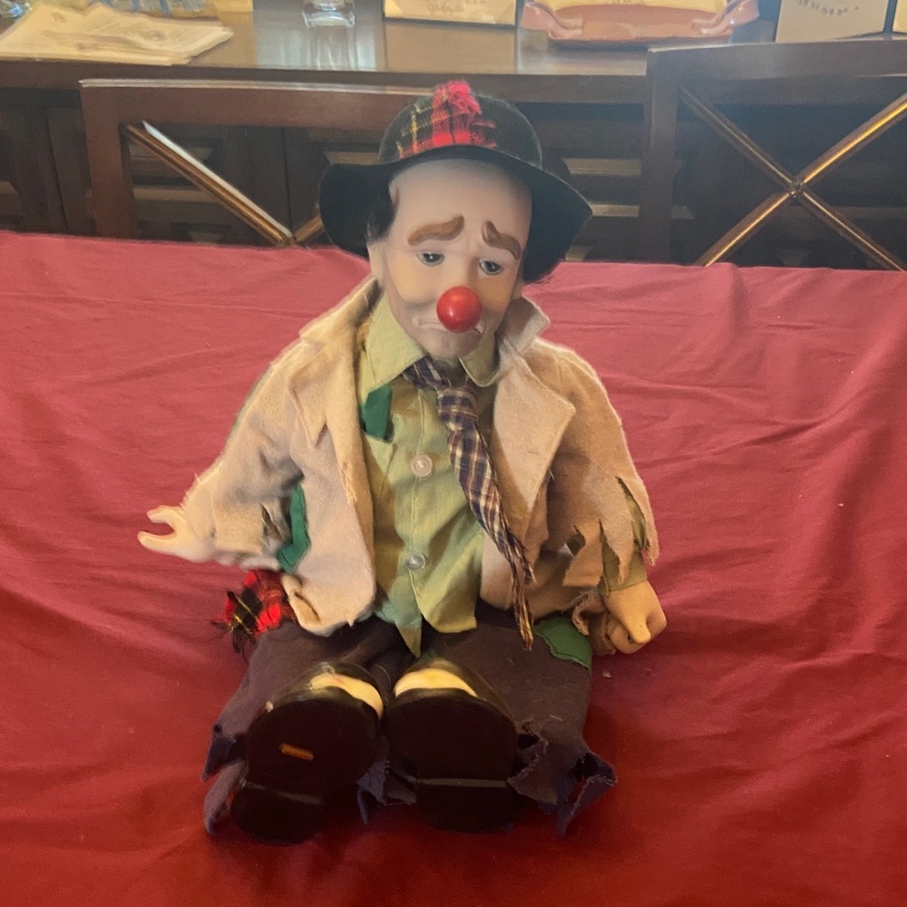 Vintage Porcelain Clown Doll with Red Nose and Plaid Hat
